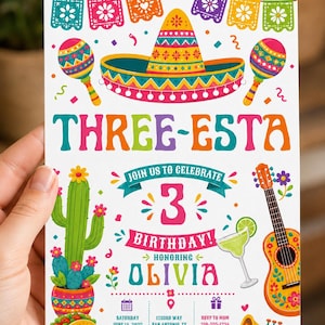 May include: A white birthday invitation card titled THREE-ESTA featuring a colorful sombrero, maracas, a cactus, a guitar, a taco, and a margarita. The text includes JOIN US TO CELEBRATE 3 BIRTHDAY HONORING OLIVIA, with event details for June 14, 2025.