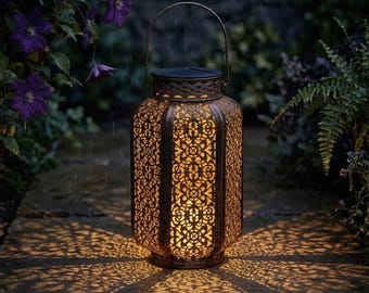 Intricate Solar Lantern – Ornate Metal Cutwork Garden Decor, Waterproof Patio Light
