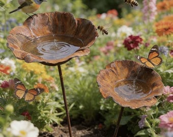 Bain d'oiseau fleuri en métal rouillé - Jeu d'eau sur piquet de jardin de style lotus