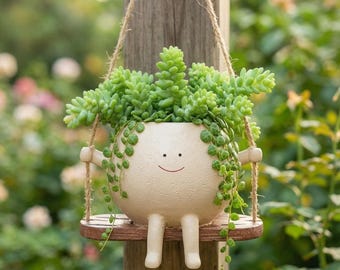 Smiling Hanging Planter – Resin Succulent Pot with Swing, Boho Garden Decor