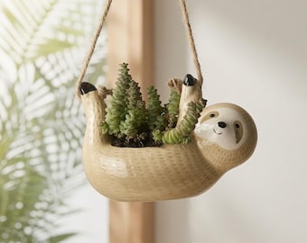 Ceramic Sloth Hanging Planter – Succulent Pot, Indoor Garden Decor