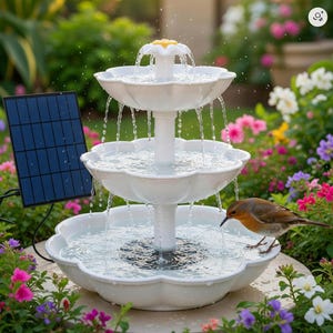 May include: A white, three-tiered solar-powered garden fountain with water cascading down. A small bird is perched on the edge of the bottom tier, drinking water. A solar panel is visible to the left, and colorful flowers are in the background.