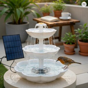 May include: A three-tiered white ceramic fountain with a solar panel. The fountain has a flower-shaped design and water cascades down from each tier. A small bird is perched on the bottom tier. The fountain is surrounded by potted plants.