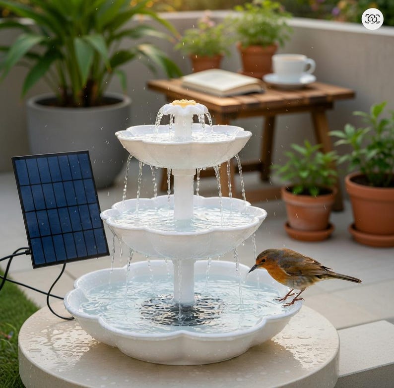 May include: A three-tiered white ceramic fountain with a solar panel. The fountain has a flower-shaped design and water cascades down from each tier. A small bird is perched on the bottom tier. The fountain is surrounded by potted plants.