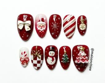 Premium Christmas Press On Nails, Salon Quality Custom Glue On, 3D Santa Tree Holiday Winter Art | MAISONCHIEE