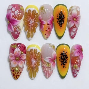 Uñas para vacaciones de verano, uñas postizas 3D con diseño de frutas, uñas postizas de hibisco tropical, manicura para cruceros y resorts de playa, uñas postizas de papaya exótica / MAISONCHIEE