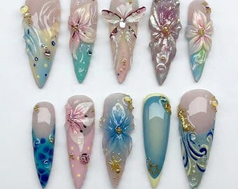 3D zeemeermin pers op nagels, Fairycore Ocean nepnagels, pastel tropische bloemenmanicure, gebeeldhouwde nachtvlinderkunst, zomerstrand aangepaste lijm op nagels