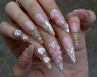Luxe prinses pers op nagels, Fairycore nepnagels, 3D roze bloemen vlindermanicure, Jelly Coquette-manicure, aangepaste Y2K-nagelkunst