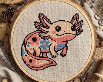 Axolotl Happy Floral Cross Stitch Pattern: Beginner Friendly Embroidery (PDF)