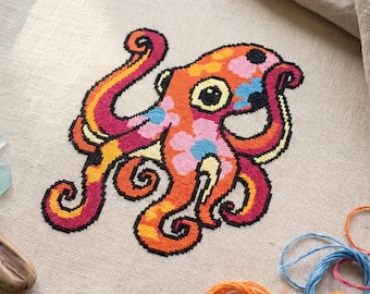 Octopus Floral Cross Stitch Pattern PDF Instant Download