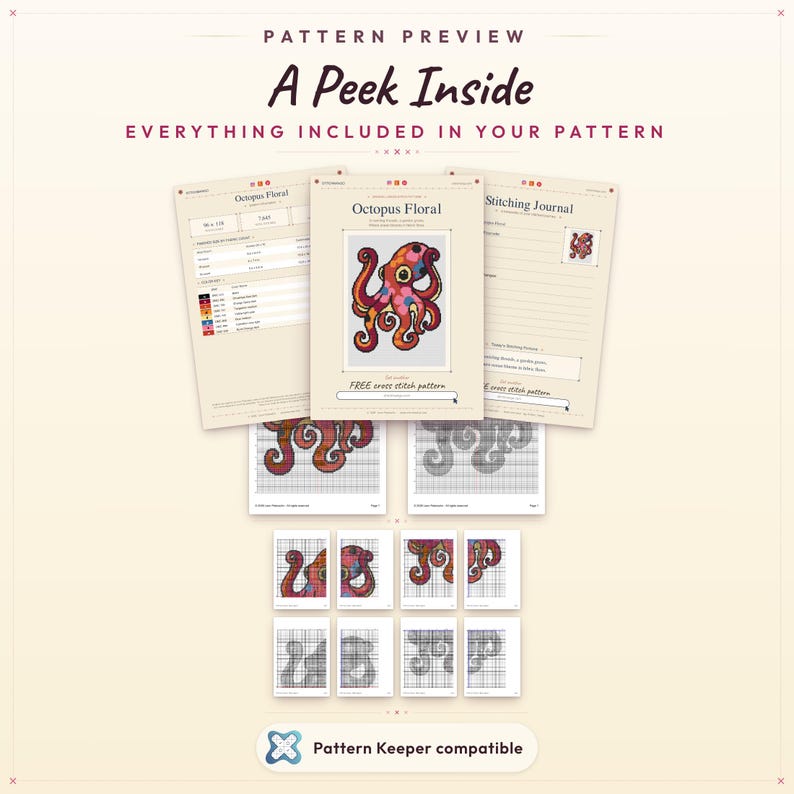 May include: A preview of a cross-stitch pattern, showcasing the "Octopus Floral" design with a colourful octopus. The image includes pattern pages, a stitching journal, and the text "Pattern Keeper compatible". The text "A Peek Inside" is also visible.