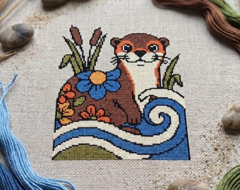 Otter Floral Cross Stitch Pattern (PDF Digital Download)