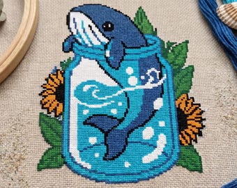 Whale Peekaboo in Jar Cross Stitch Pattern PDF Instant Download