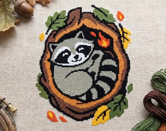 Raccoon Cross Stitch Pattern: Woodland Animal Embroidery (PDF Download)