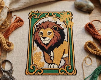 Lion Frame Cross Stitch Pattern: Beginner Friendly Embroidery (PDF)