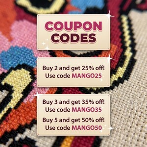 May include: The image shows three rectangular signs with text. The top sign reads "COUPON CODES" in maroon. The second sign says "Buy 2 and get 25% off! Use code MANGO25". The third sign says "Buy 3 and get 35% off! Use code MANGO35" and "Buy 5 and get 50% off! Use code MANGO50".