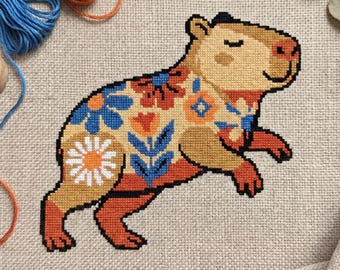 Capybara Floral Cross Stitch Pattern PDF Instant Download