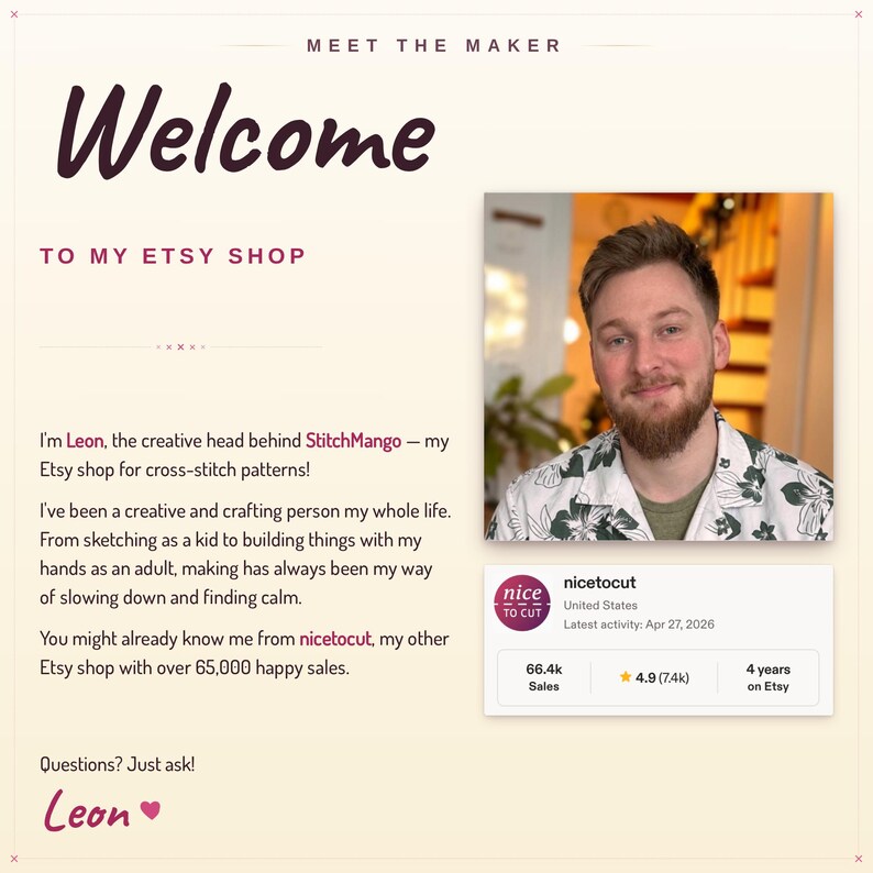 May include: A webpage with the text "Welcome to my Etsy shop" and a photo of a man. The text also mentions "StitchMango" and "nicetocut", with details about the shop owner and their creative background. The image includes a shop profile.
