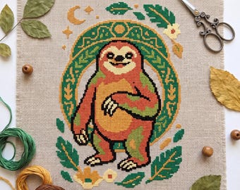 Korsstygnsmönster med sloth-fantasi: Nybörjarvänligt broderi (PDF)
