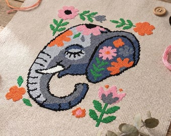 Elephant Floral Cross Stitch Pattern: Beginner Friendly Embroidery (PDF)