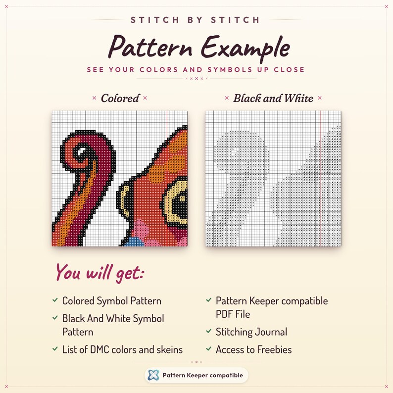 May include: An example cross-stitch pattern with the text "Pattern Example." The image displays a coloured and a black and white version of a design. The text "You will get:" is followed by a list of included items, such as a coloured symbol pattern and a PDF file.