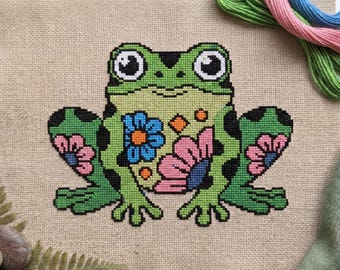Frog Floral Cross Stitch Pattern PDF Instant Download