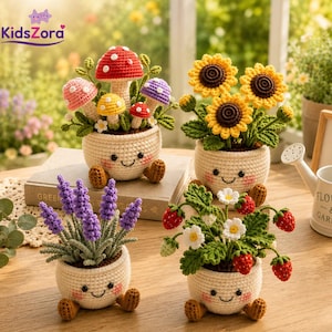 Handmade Crochet Flower Pot set, Smiley Plant Decor, Sunflower, Lavender, Strawberry, Mushroom Desk Decor