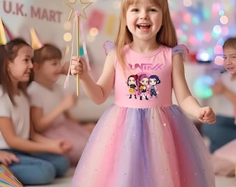 Girls K-Pop Anime Demon Hunter Dress – Kids Cosplay Costume, Birthday Party Outfit