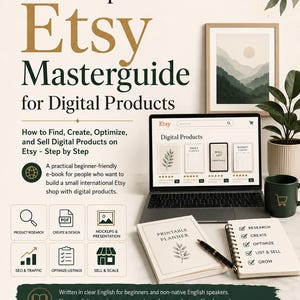 Könnte beinhalten: Ein Etsy Masterguide für digitale Produkte E-Book auf einem Laptop, mit einem Planer und Notizbuch. Das Bild enthält einen gerahmten Landschaftskunst-Druck, eine Tasse und Symbole für Produktforschung und SEO.