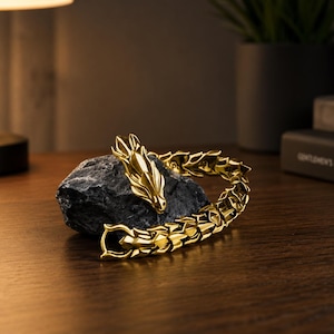 Pulseira com Cabeça de Dragão Dourada de 20 cm, Pulseira de Aço Inoxidável com Dragão, Pulseira Estilo Motoqueiro Retrô Punk, Pulseira Viking Gótica, Presente para Ele