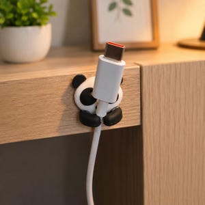 May include: A white and black panda-shaped cable organizer attached to a wooden surface. The panda figure features black ears, eye patches, and arms that hold a white USB-C charging cable in place, keeping the connector upright and accessible.