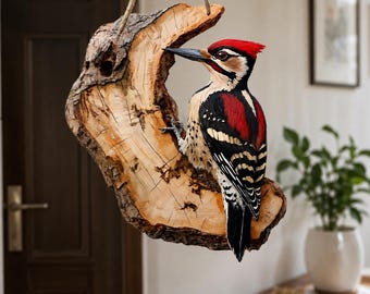 Cuadro decorativo de pájaro carpintero pintado a mano sobre rodaja de madera – Regalo rústico de decoración con motivos de aves