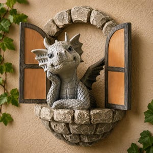 Op de afbeelding: Een grijs drakenbeeld in een stenen raamkozijn. De draak rust met zijn hoofd op zijn hand, met vleugels en een geschubd lichaam. Het raam heeft houten luiken en is geplaatst in een stenen muur, met klimop aan de zijkanten.