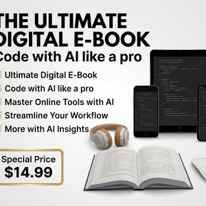May include: A digital e-book advertisement featuring the text THE ULTIMATE DIGITAL E-BOOK Code with AI like a pro, alongside a tablet, two smartphones displaying code, tan headphones, an open physical book, and a white computer mouse.