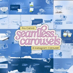 May include: A digital collection of eight blue-themed Instagram carousel templates featuring various layouts, text boxes, floral illustrations, and paper elements. The central text reads Pro Canva seamless carousels 8 Instagram Carousel.