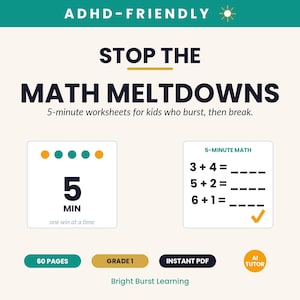 1st Grade Math Worksheets PDF | First Grade Math Practice | Five Questions Per Page | 60 Pages | ADHD Friendly Format