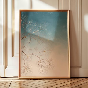May include: A rectangular wall art print in a thin gold frame featuring a gradient background that transitions from deep teal at the top to a soft cream at the bottom, overlaid with delicate, intricate gold-colored tree branch silhouettes.