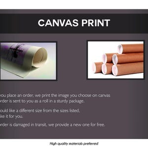 May include: The image displays the text "CANVAS PRINT" above two framed images. One shows a rolled canvas print, the other shows several rolled prints. Text below describes the product and quality.