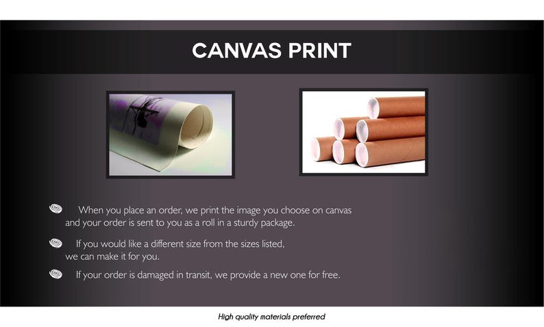 May include: The image displays the text "CANVAS PRINT" above two framed images. One shows a rolled canvas print, the other shows several rolled prints. Text below describes the product and quality.