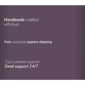 May include: A graphic with white icons and text on a gradient purple background. The text reads "Handmade crafted with love", "Free worldwide express shipping", and "Top customer support Email support 24/7".