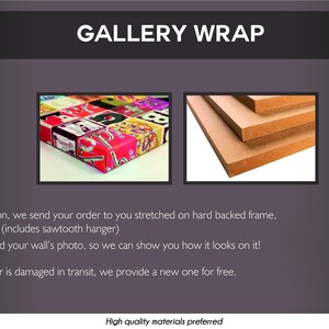 May include: The image showcases a gallery wrap option, with two framed examples. One displays a colorful, patterned design, and the other shows the wooden frame. The text "GALLERY WRAP" is at the top.