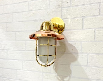 Industrial Bulkhead Light, Brass Finish, Copper Shade, Milk Glass Globe, Nautical Decor, Wall Fixture