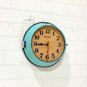 Vintage Japanese Wall Clock Sky Blue Frame Retro Seiko Industrial