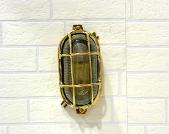Brass Nautical Wall Light, Oval Cage Bulkhead Lamp, Coastal Industrial Lighting, Porch Bathroom Decor