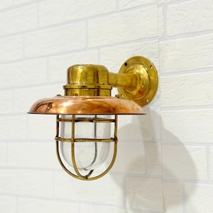 Brass Bulkhead Light with Copper Shade – Nautical Industrial Cage Lamp – Rustic Coastal Wall Fixture