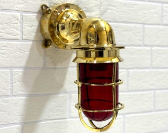 Antique Style Brass Bulkhead Light Red Glass | Nautical Wall Sconce | Maritime Lighting Fixture