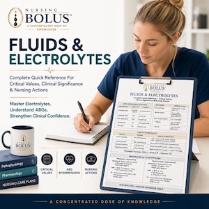以下が含まれることがあります： 青いトップスを着た女性が、"Fluids & Electrolytes"の情報を表示したクリップボードに書き込んでいます。マグカップと医療関連のタイトルの本が左側にあります。画像には「Nursing Bolus」と「A Concentrated Dose of Knowledge」というテキストが含まれています。