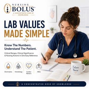 May include: Image features a nurse in blue scrubs with a stethoscope, writing in a notebook. Text includes "LAB VALUES MADE SIMPLE" and "Future Nurse" on a mug. Icons represent electrolytes, hematology, cardiac markers, and ABGs. The image promotes nursing knowledge.