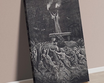 May include: A rectangular canvas print featuring a black and white illustration of a dark, crowded scene with figures gathered around a central altar. A tall, robed figure stands behind the altar with arms raised, while others reach upward.