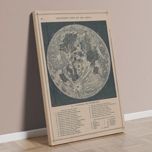 Può includere: Una stampa vintage incorniciata della luna, intitolata "Vista telescopica della Luna". La stampa presenta un'illustrazione dettagliata della superficie lunare in tonalità di grigio e bianco su uno sfondo blu scuro. La stampa è appoggiata a una parete di colore neutro.